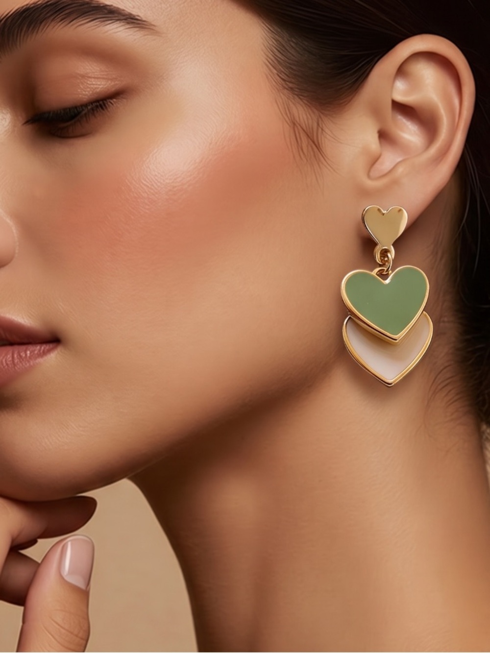 Green /White Heart Studs Statement Earrings.